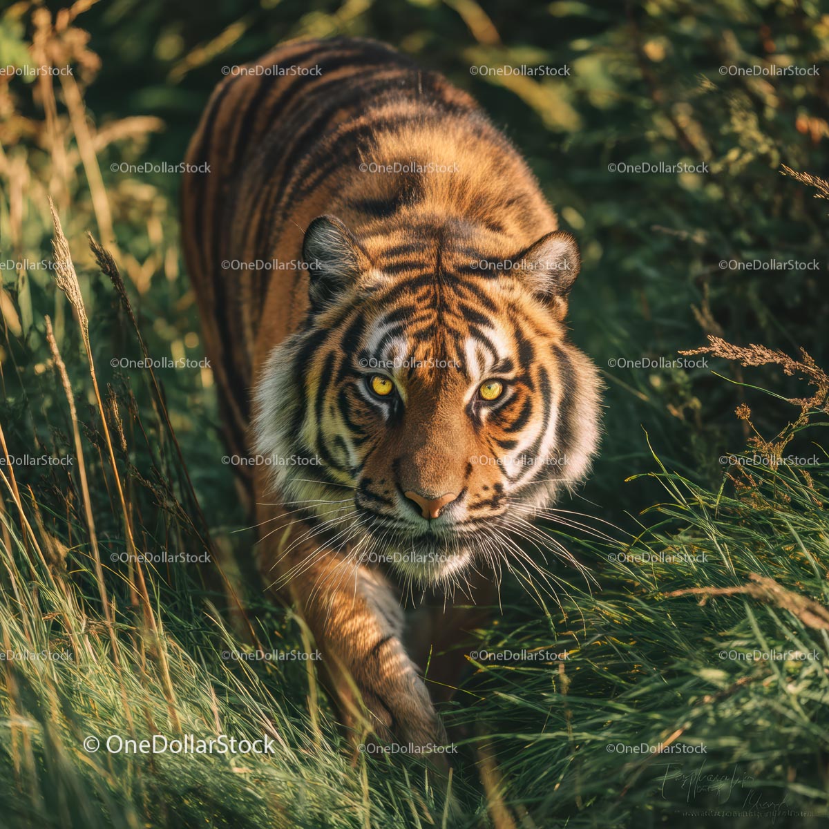 Bengal Tiger Stalking Through Dense Jungle Grass