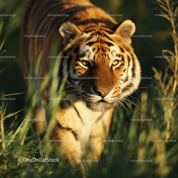 Majestic Tiger Walking Through Lush Green Grass
