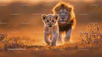 Lion Cub and Father in Golden Savannah Light