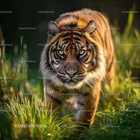 Majestic Tiger Walking Through Sunlit Grassland