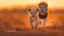 Lion Cub and Adult Lion at Sunset in the Savannah