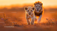 Lion Cub and Adult Lion at Sunset in the Savannah