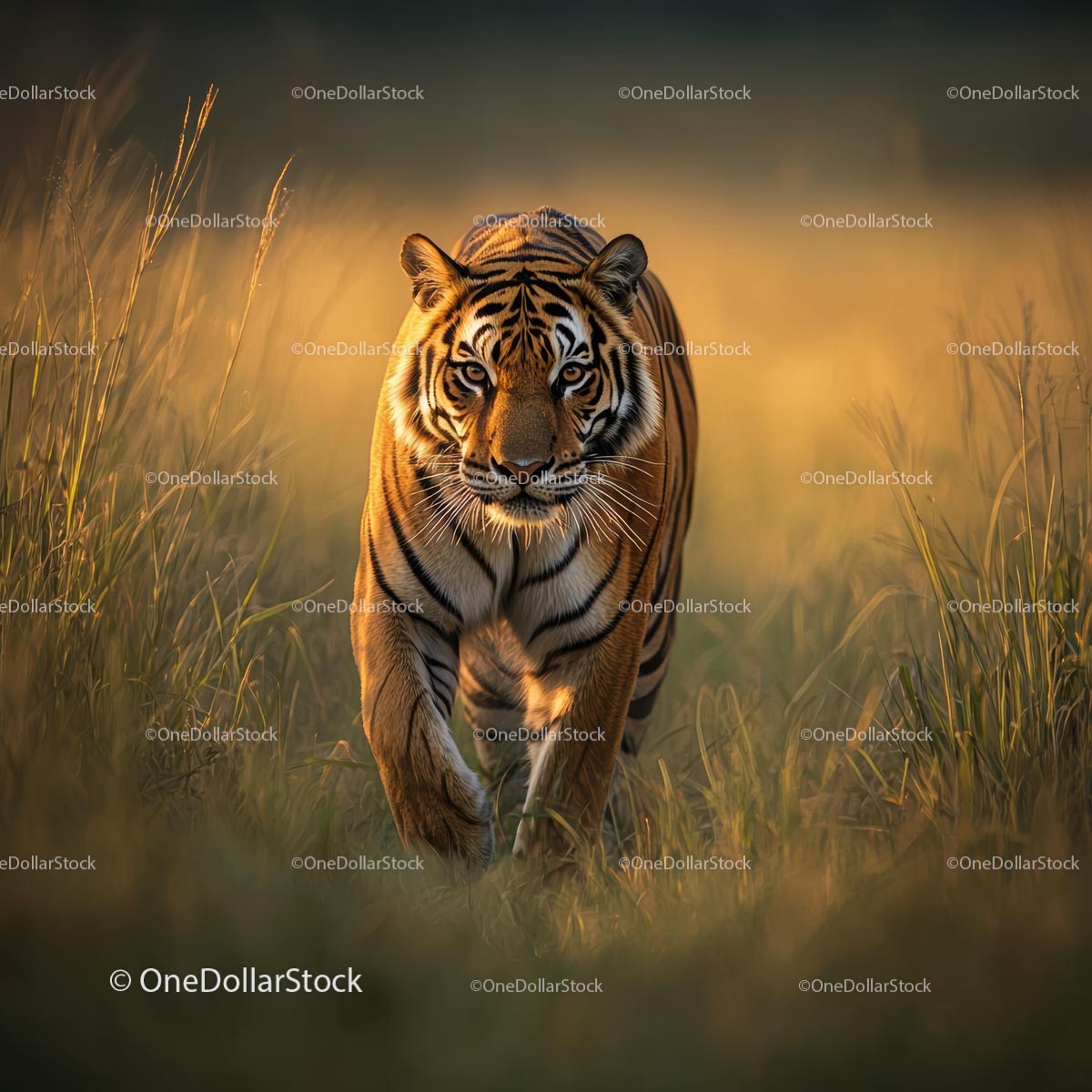 Bengal Tiger Stalking Through Sunlit Grassland