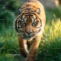 Majestic Bengal Tiger Walking Through Sunlit Grass