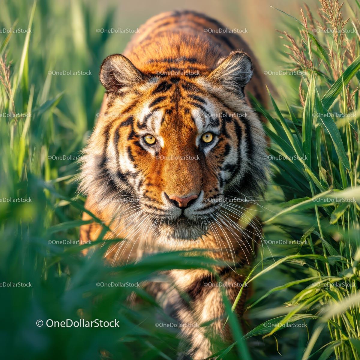 Majestic Bengal Tiger Stalking Through Lush Green Grass