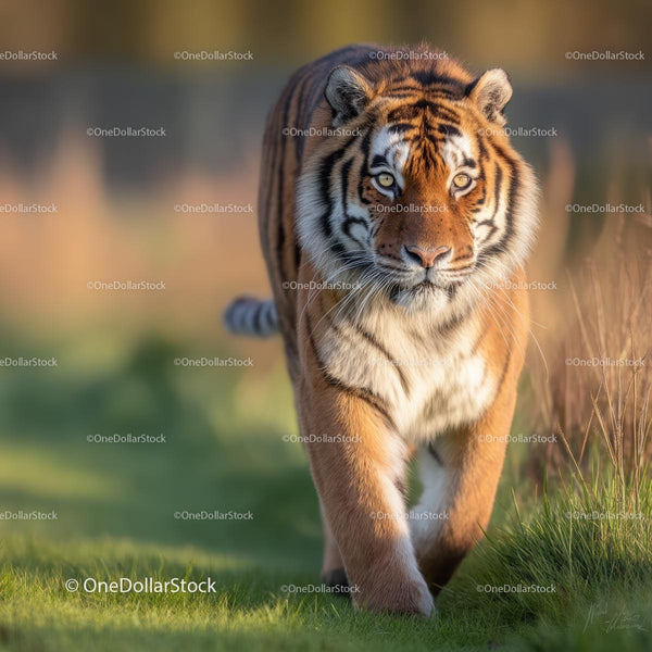 Majestatyczny tygrys spacerujący przez oświetloną słońcem trawę