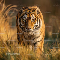 Majestic Tiger Walking Through Sunlit Grasslands