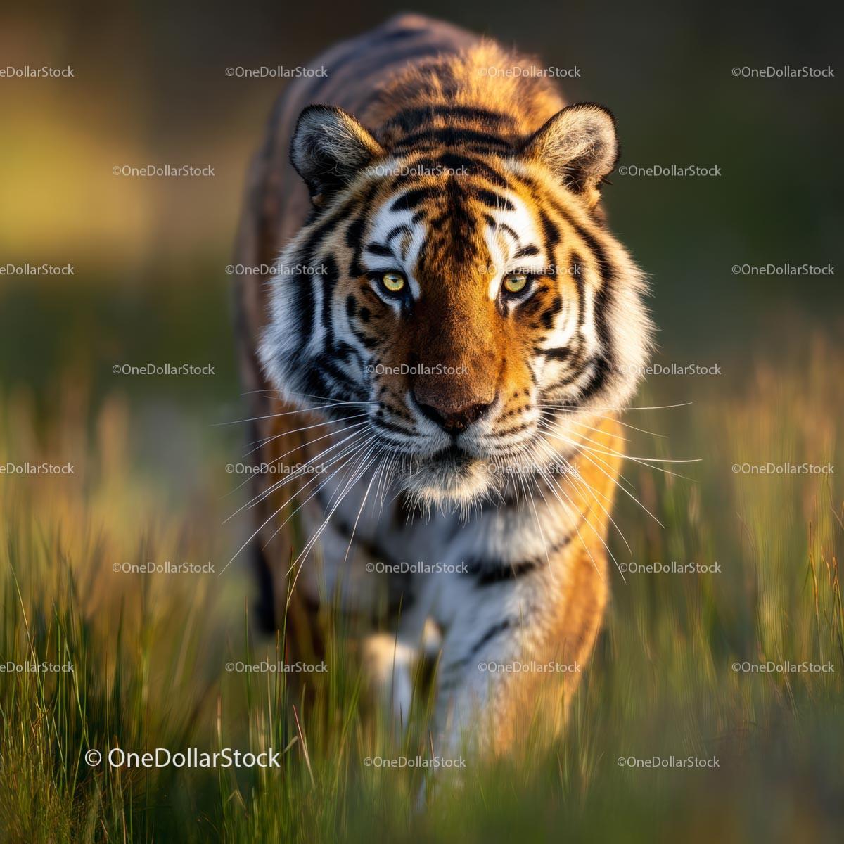 Majestic Tiger Stalking Through Grassland