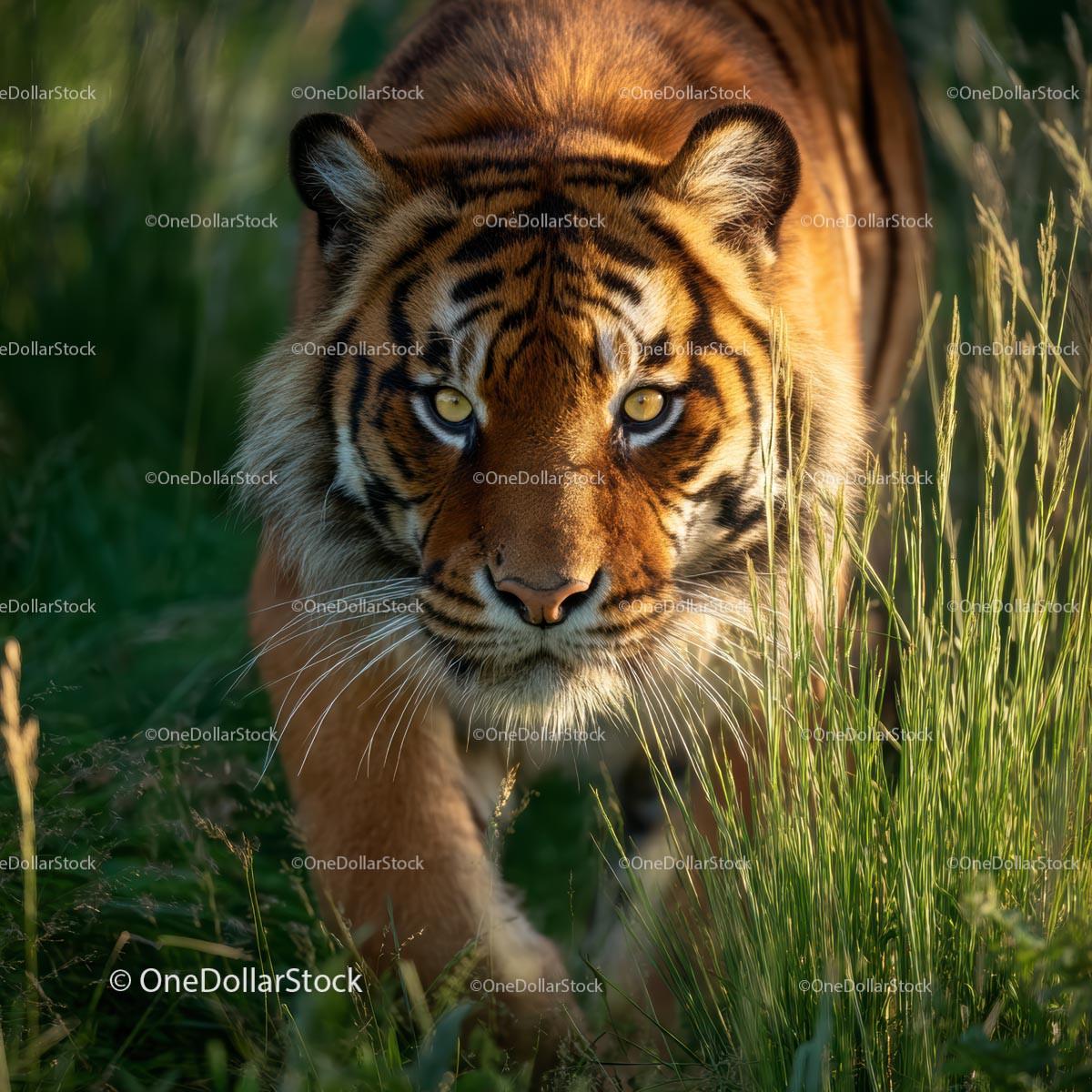 Majestic Tiger Stealthily Walking Through Green Grass