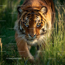 Majestic Tiger Stealthily Walking Through Green Grass