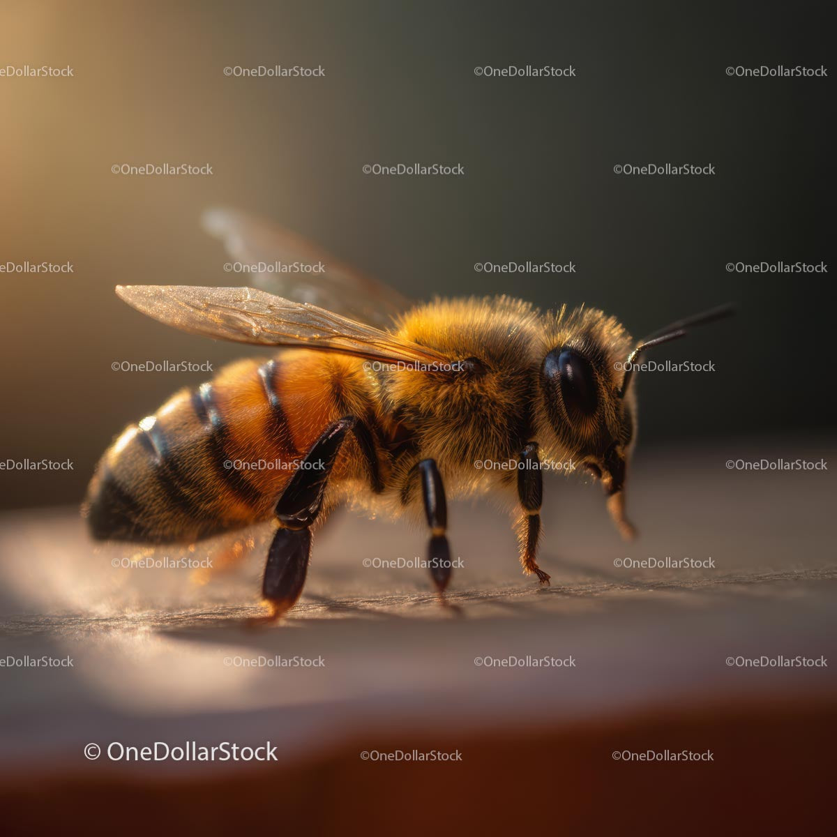 Detailed Close-Up of Honey Bee in Warm Sunlight