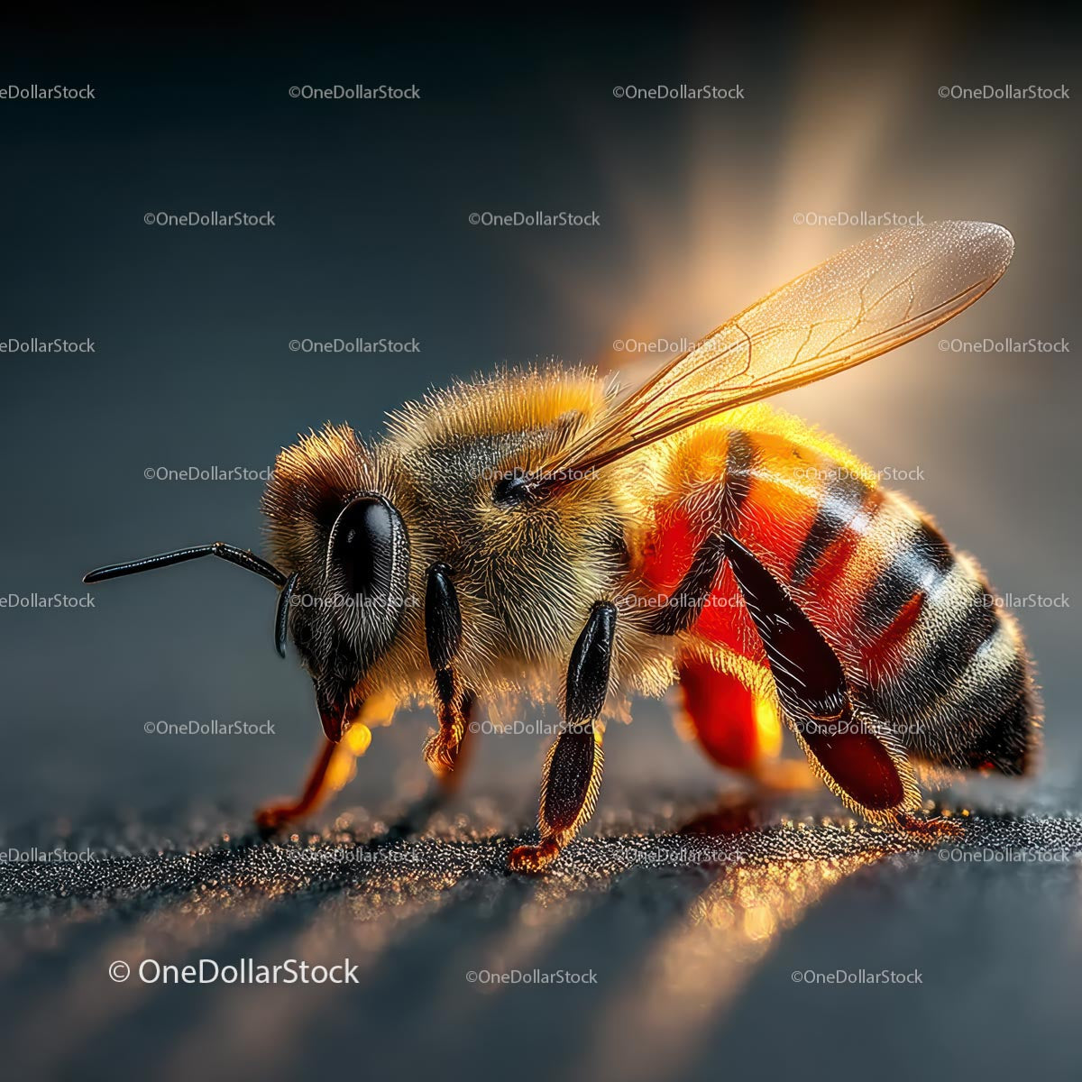 Makrofotografia pszczoły miodnej w świetle słonecznym