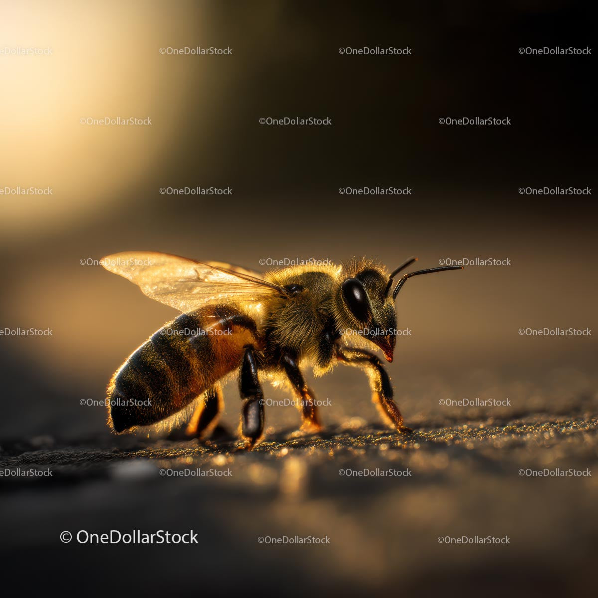 Makrofotografia pszczoły miodnej w złotym świetle słonecznym