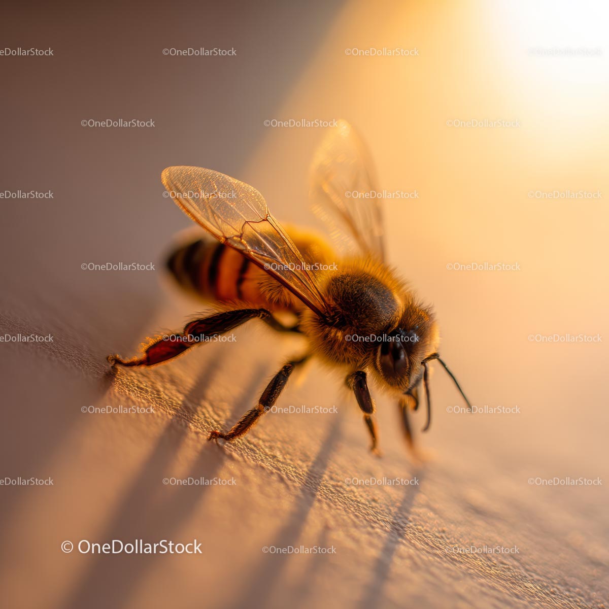 Makrofotografia pszczoły miodnej w ciepłym świetle słonecznym