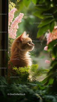 Ginger Cat Gazing Out the Window with Pink Blossoms