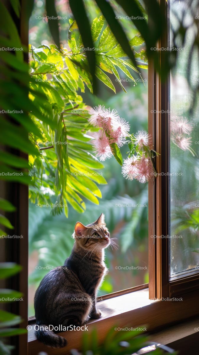 Tabby Cat by Window with Tropical Greenery and Pink Flowers