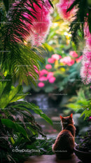 Tranquil Cat Gazing in a Lush Garden with Pink Blossoms