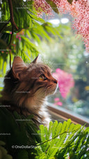 Tabby Cat Amidst Vibrant Greenery and Pink Blossoms