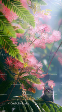 Curious Kitten Among Pink Fluffy Flowers and Green Foliage