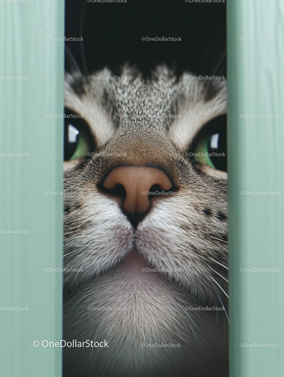 Curious Tabby Cat Peeking Through Gap with Green Eyes