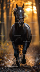 Majestic Black Horse Running Through Golden Autumn Forest