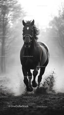 Majestic Black Horse Galloping Through Misty Countryside