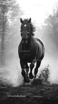 Majestic Black Horse Galloping Through Misty Countryside
