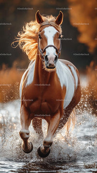 Graceful Horse Galloping Through Water at Sunset