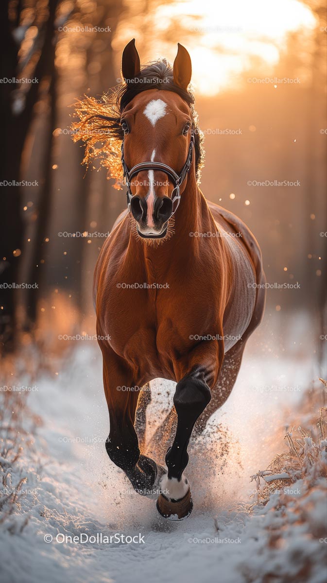 Majestic Brown Horse Galloping Through Snowy Forest at Sunset