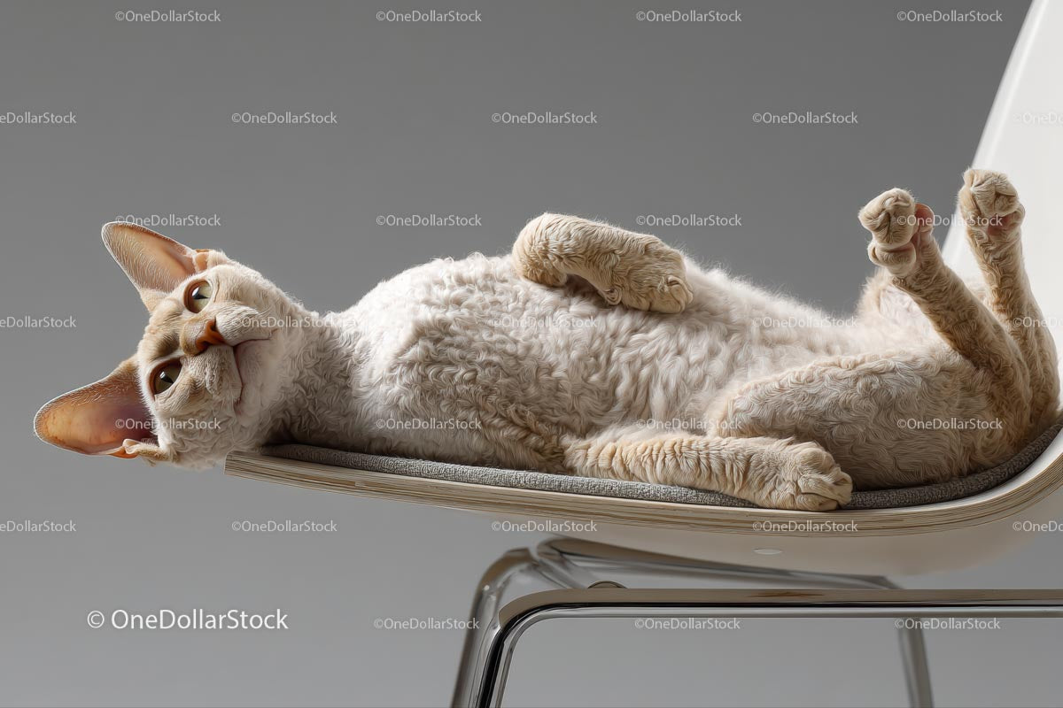 Zabawny kot rasy Devon Rex relaksujący się na nowoczesnym krześle