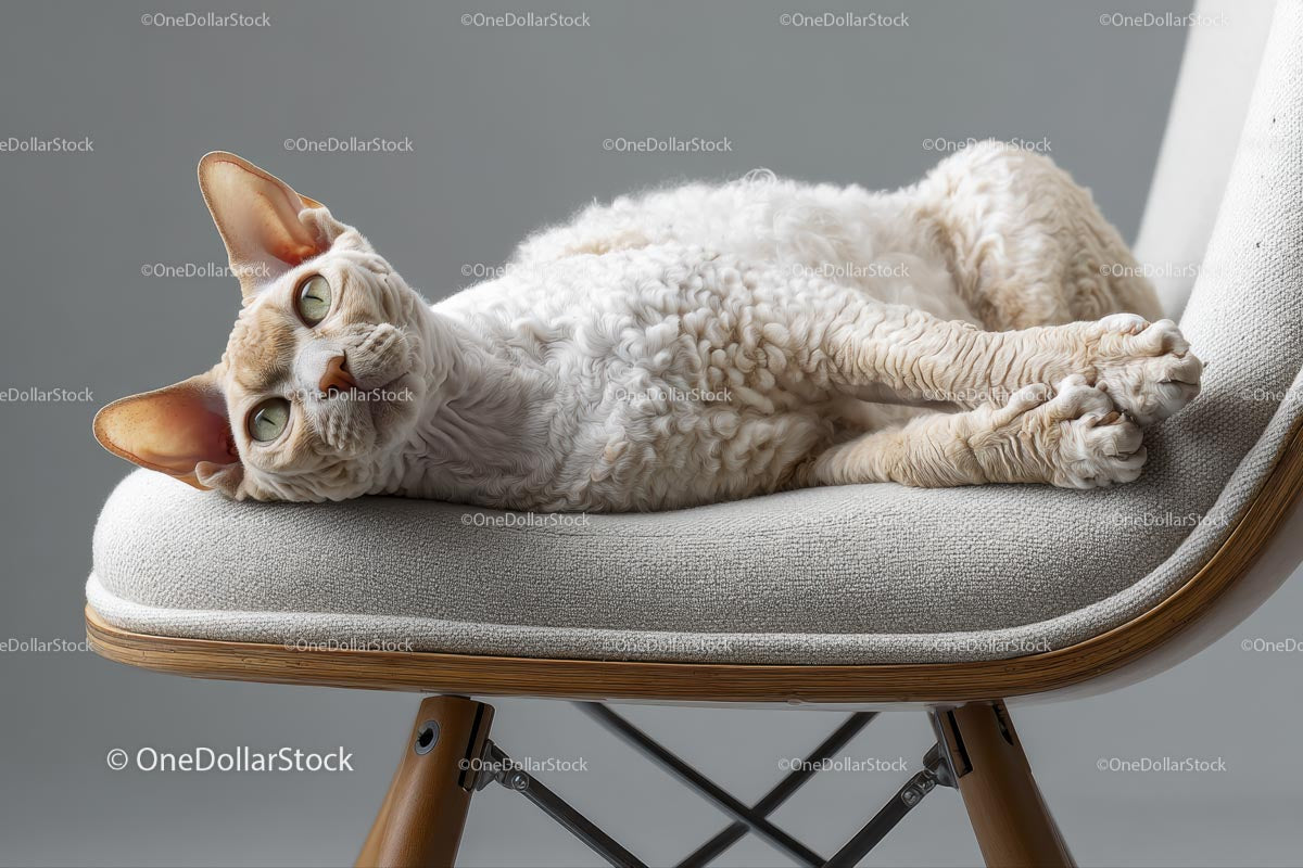 Kot rasy Devon Rex wylegujący się na stylowym krześle