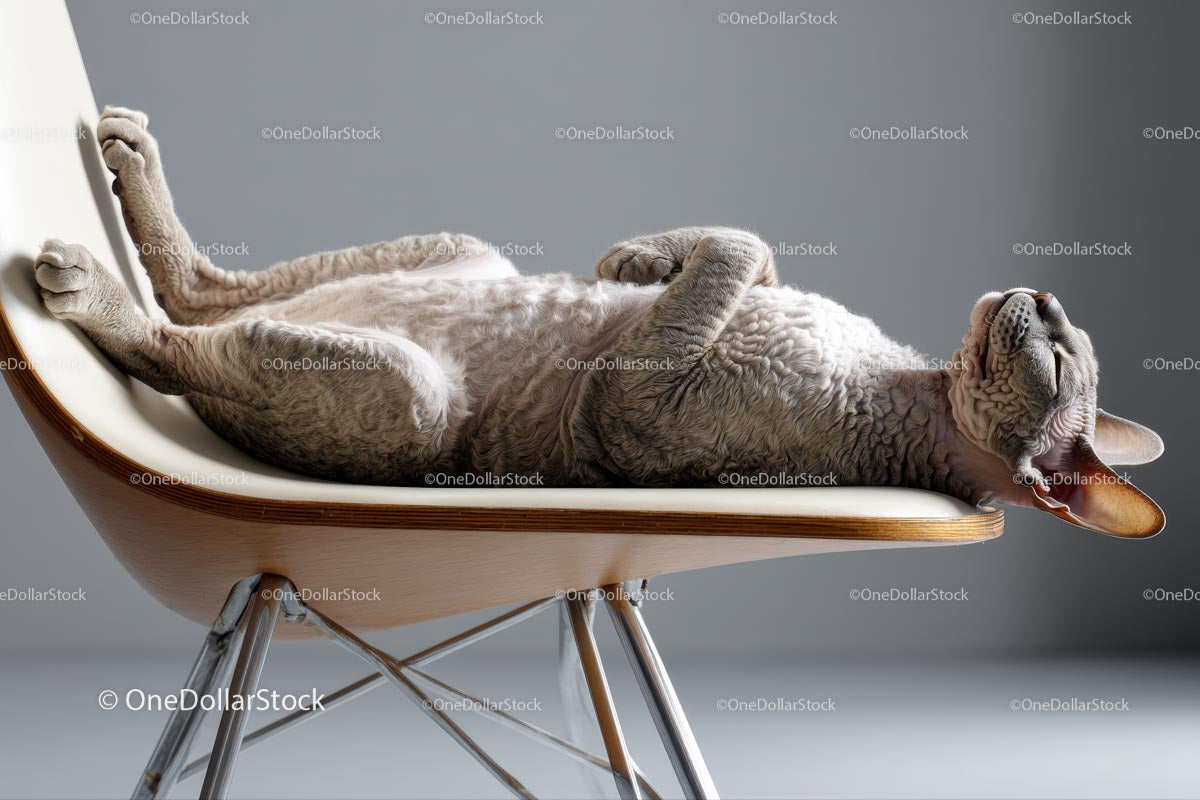 Kot rasy Devon Rex wylegujący się na nowoczesnym krześle