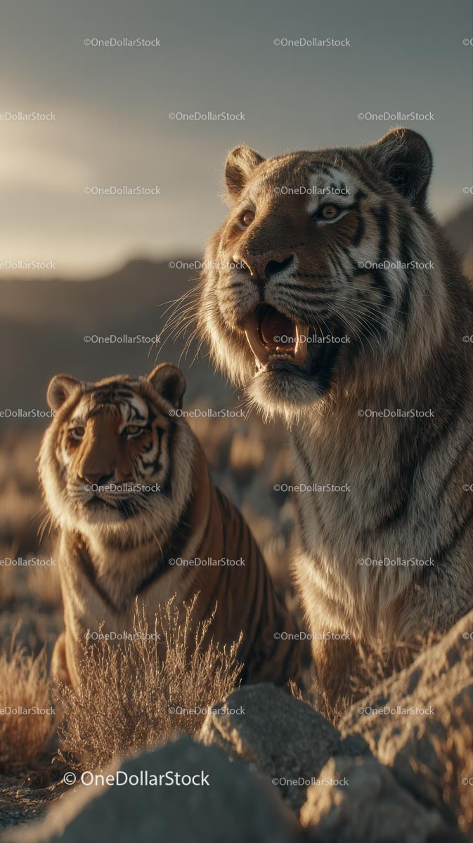 Majestic Tigers in the Golden Light of Sunset