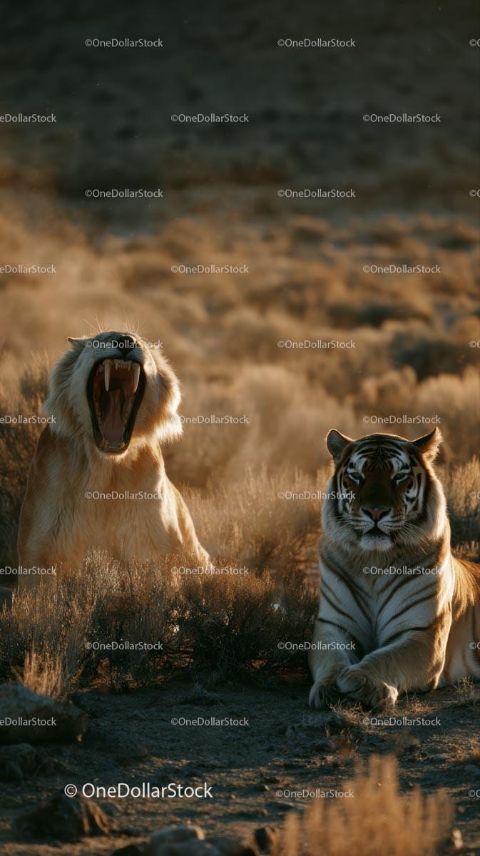 Roaring Tiger Pair in Sunlit Wilderness