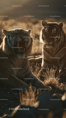 Majestic Tigers in Sunlit Grasslands