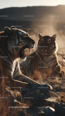 Majestic Tigers Roaring at Sunset in Wild Savanna Landscape