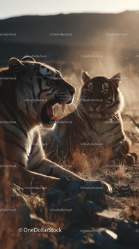 Majestic Tigers Roaring at Sunset in Wild Savanna Landscape
