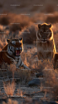 Tiger and Lion in the Wild during Golden Sunset