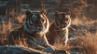 Majestic Tigers Resting in Golden Hour Savannah