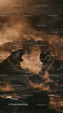 Lion and Tiger in Dramatic Savannah Sunset