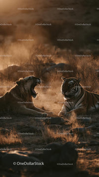 Lion and Tiger in Dramatic Savannah Sunset