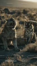 Roaring Lion and Watchful Tiger in Wild Savannah
