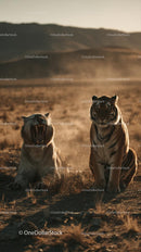 Two Majestic Tigers in Sunlit Savannah Landscape