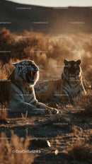 Majestic Tigers Resting in the Savannah at Sunset