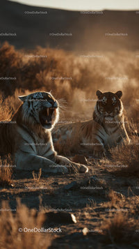 Majestic Tigers Resting in the Savannah at Sunset