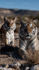 Majestic Tigers Resting in a Desert Landscape