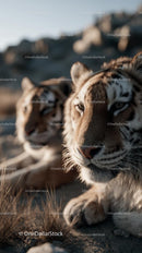 Majestic Tigers Relaxing at Sunset in the Wild