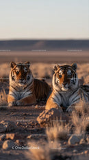 Majestic Tigers Resting in Sunlit Desert Landscape