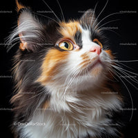 Close-Up Portrait of a Calico Cat with Fluffy Fur