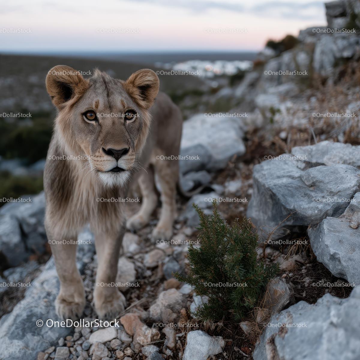Young Lion Wandering On Rocky Terrain